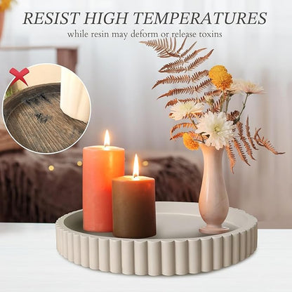 13" Round Solid Concrete Decorative Tray - Heavy Duty Fluted Centerpiece for Coffee Table, Serving, Patio, Home Office & Entryway - Modern Home Decor Trays(Gray)