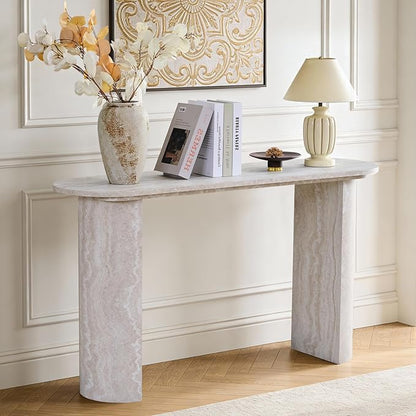 55" Console Table for Entryway, Narrow Sofa Entrance Table with Faux Mars Marble Pattern, Modern Sofa Tables with Rounded Curved Edges for Living Room, Hallway, Foyer, Home Office, Beige