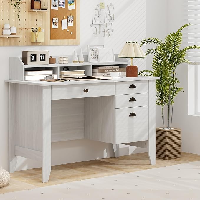 Safeplus 48" Computer Desk with 4 Storage Drawers and Hutch Wood Executive Table for PC Laptop