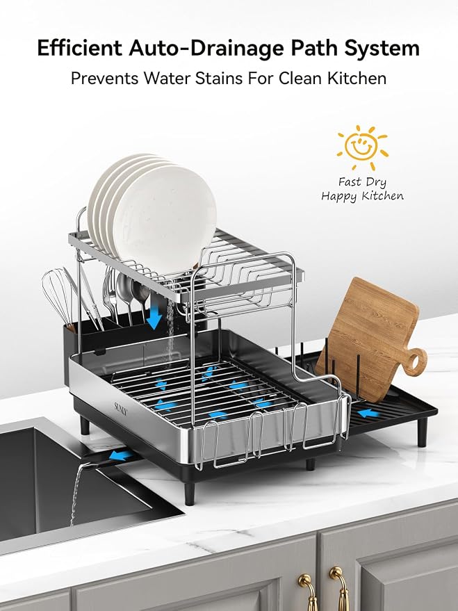 SUNLY 2 Tier Dish Drying Rack, Extra Large Dish Rack, Expandable Dish Racks for Kitchen Counter, Multifunctional Large Dish Drainers for Kitchen Counter, Black