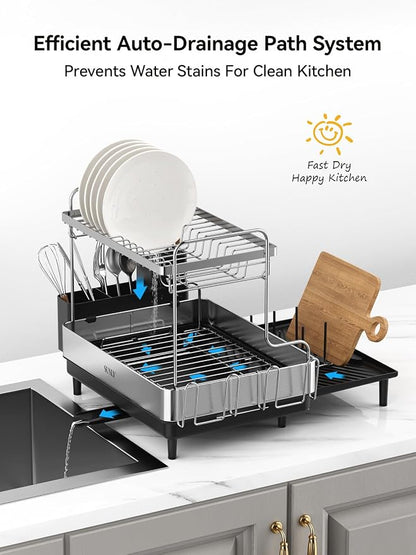 SUNLY 2 Tier Dish Drying Rack, Extra Large Dish Rack, Expandable Dish Racks for Kitchen Counter, Multifunctional Large Dish Drainers for Kitchen Counter, Black