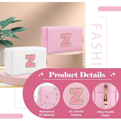 Personalized Initial A-Z Preppy Patch Makeup Bag,Small PU Leather Chenille Letter Cosmetic Bag with Zipper for Teen Girls,Pink Cute Travel Toiletry Bag,Birthday Monogrammed Gift for Daughter,Letter Z