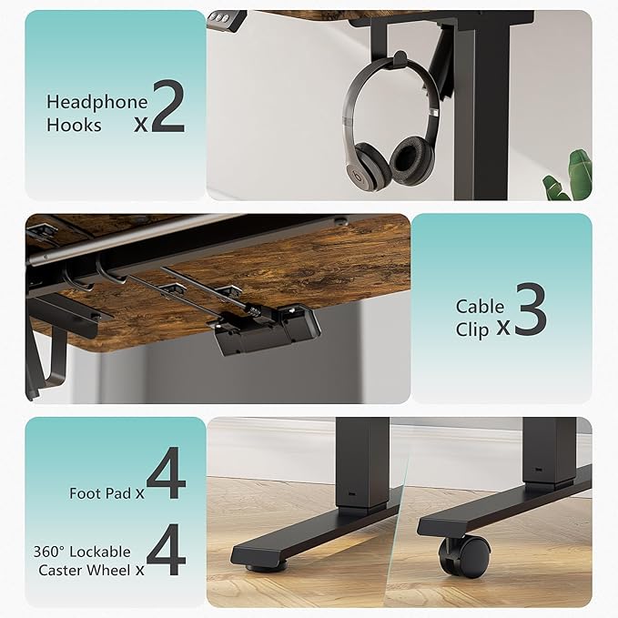 48 x 24 inch Electric Standing Desk Adjustable Height with 4 Wheels, 4 Memory Height Settings, 2 Headphone Hook, for Home Office, Splice Board Brown