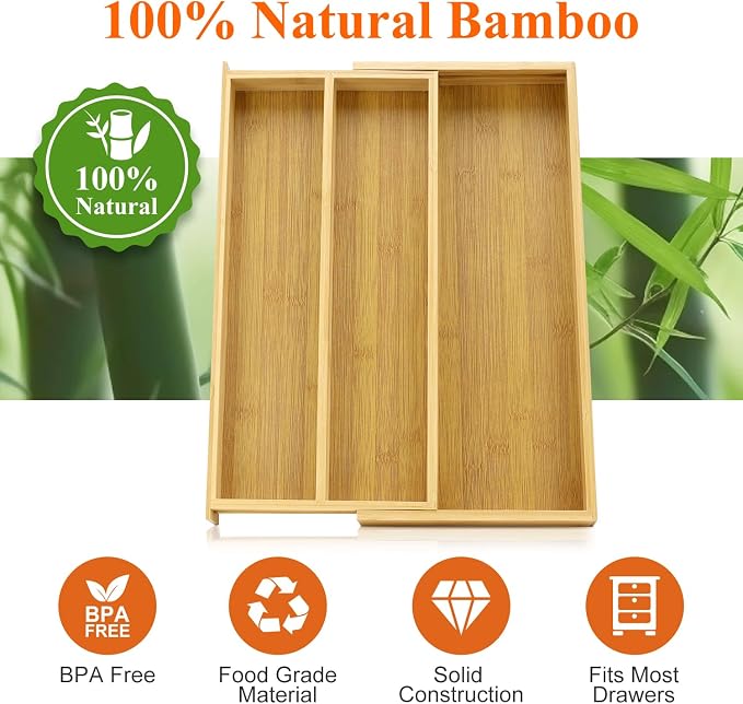 Large Bamboo Silverware Drawer Organizer Tray Kitchen Tool Drawer Divider Organizers Storage Expandable Cooking Utensil Organizer Wooden Cutlery Tray Spoon Flatware Organizers Utensil Holder Drawers
