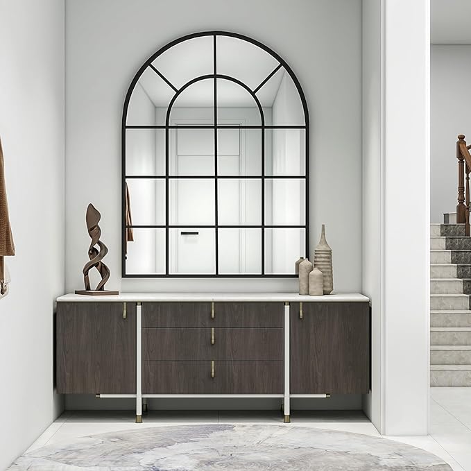 30"×40" Windowpane Arched Wall Mirror, Grid-Designed Decorative Farmehouse Wall Mounted Mirror with Metal Frame Hanging Leaning for Entryway, Living Room, Home Decor, Black