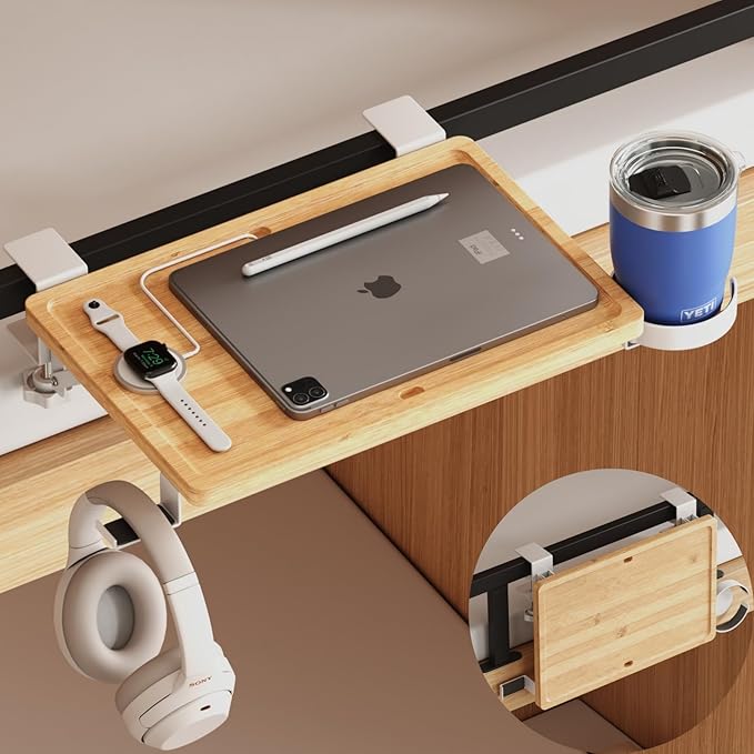 Magheo Bedside Shelf Wood, Foldable Clip-On Bed Shelf for Top Bunk Space Saving Bed Side Table Tray for College Dorm Room Essentials,Loft Nightstand Organizer Tray with Rotatable Cup Holder, Hooks