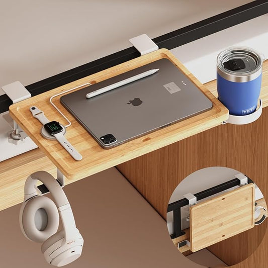 Magheo Bedside Shelf Wood, Foldable Clip-On Bed Shelf for Top Bunk Space Saving Bed Side Table Tray for College Dorm Room Essentials,Loft Nightstand Organizer Tray with Rotatable Cup Holder, Hooks