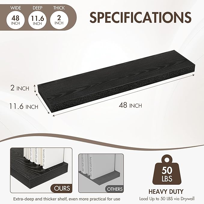 Acovy 48 Inch Floating Shelves, 12" Deep Floating Shelf Wall Mounted, 48" Wall Shelves, Rustic Deep Bookshelf, Extra Deeper & Thicker Display Shelves for Bedroom, Living Room, Black, Set of 2