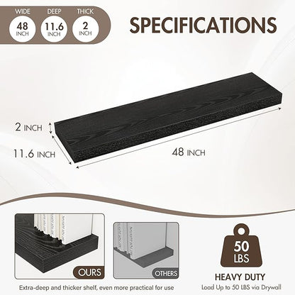 Acovy 48 Inch Floating Shelves, 12" Deep Floating Shelf Wall Mounted, 48" Wall Shelves, Rustic Deep Bookshelf, Extra Deeper & Thicker Display Shelves for Bedroom, Living Room, Black, Set of 2