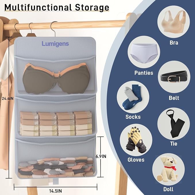 Lumigens Hanging Sock & Underwear Organizer, Hanging Closet Organizer with Pockets, Bra Hanger for Closet Organizer with 360° Rotating Hook, Space Saving Hanging Storage for Wall, Bedroom, RV