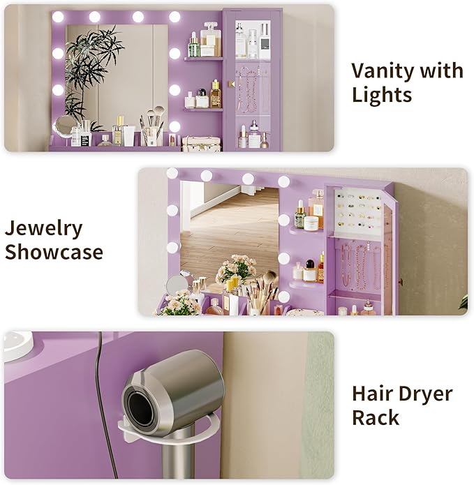 Vanity Desk with Mirror and Lights, Purple Makeup Vanity with 5 Drawers Hidden Jewelry Organizer& LED Glass Cabinet,3 Light Mode and Brightness Adjusted,Vanities Mirror with Lights Desk and Chair
