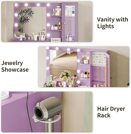Vanity Desk with Mirror and Lights, Purple Makeup Vanity with 5 Drawers Hidden Jewelry Organizer& LED Glass Cabinet,3 Light Mode and Brightness Adjusted,Vanities Mirror with Lights Desk and Chair