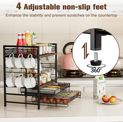 Coffee Bar Organizer, 4 Tier Coffee Station Organizer for Countertop, 30 K Cup Pod Drawer, Mug Cup Holder Stand With 12 Hooks, Multifunctional K Pods Shelf Storage Holder Drawer