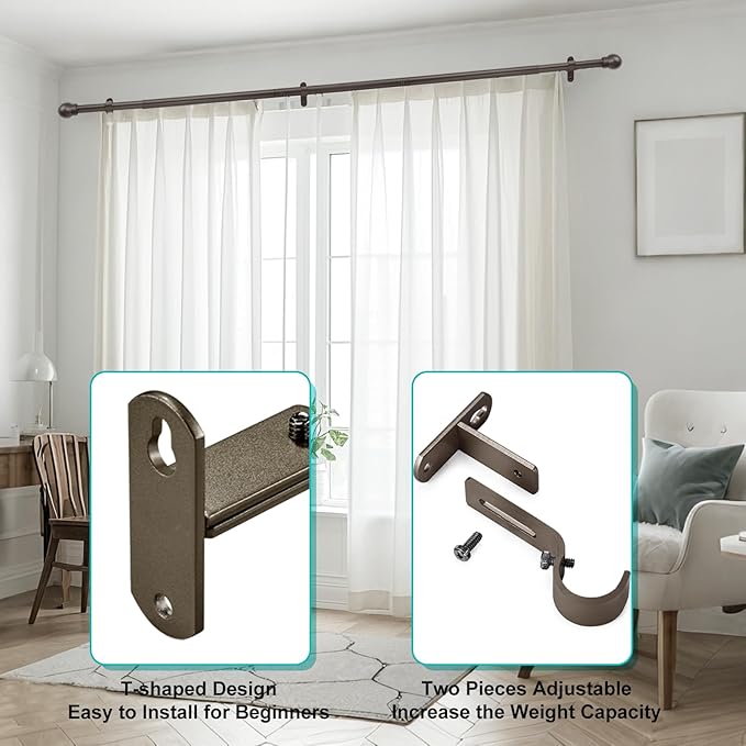 Adjustable Curtain Rod Brackets, Metal Window Drapery Rod Hanger Holders Hooks for 1 inch Rods (Brown, Set of 2)
