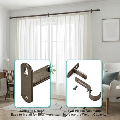 Adjustable Curtain Rod Brackets, Metal Window Drapery Rod Hanger Holders Hooks for 1 inch Rods (Brown, Set of 2)
