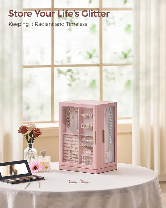 Glimmloop 360° Rotating Jewelry Box with 7 Drawers, Spacious Vertical Jewelry Organizer with Glass Window, Jewelry Storage Case, Dustproof & Moisture-resistant Design, Pink