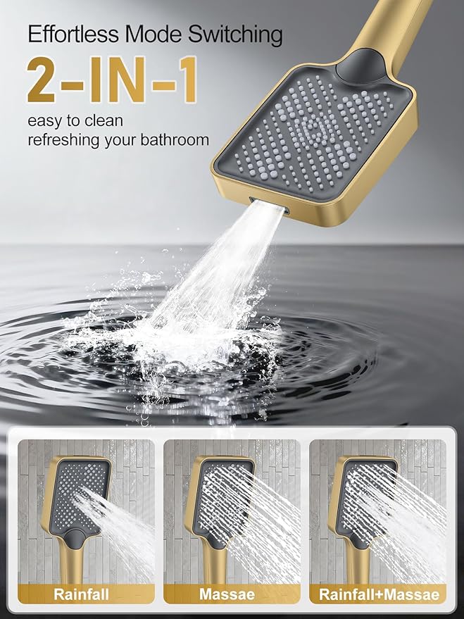 Shower Faucet Set, 10" Ceiling Mount Rainfall Shower System with 2 Rain Shower Head and Multi-function Handheld Head Push Button Diverter Shower Faucet Trim Kit Brushed Gold