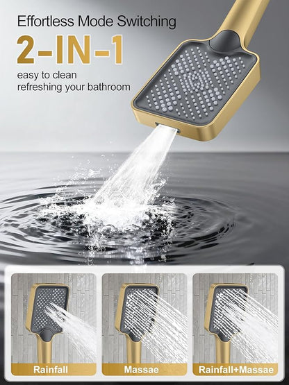 Shower Faucet Set, 10" Ceiling Mount Rainfall Shower System with 2 Rain Shower Head and Multi-function Handheld Head Push Button Diverter Shower Faucet Trim Kit Brushed Gold