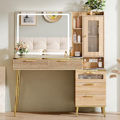 Vanity Desk with 29.53" HD Lighted Mirror, 47.24" Big Modern Vanity Desk with Mirror and Lights, Makeup Vanity with 5 Drawers and Storage Shelves and Charging Station, Oak2