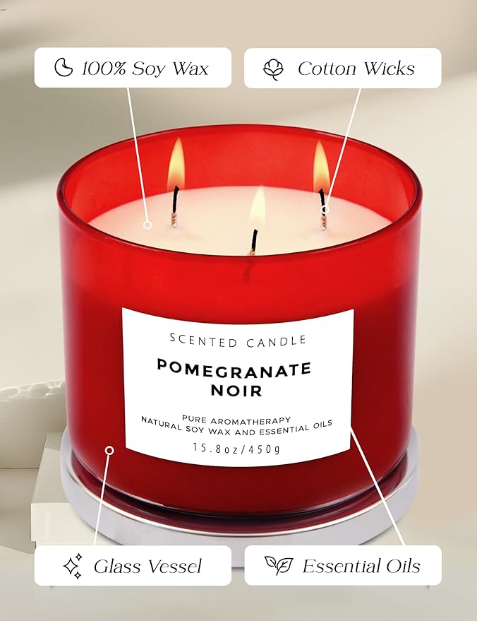 Pomegranate Noir Vanilla 3 Wick Candle | Highly Scented Natural Soy Candle 15.8 oz | Aromatherapy Stress Relief Candle Long Lasting & Clean Burn | Luxury Relaxing Gift for Home, Women & Men