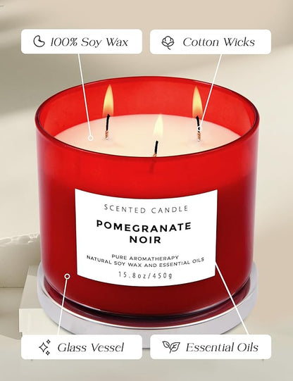 Pomegranate Noir Vanilla 3 Wick Candle | Highly Scented Natural Soy Candle 15.8 oz | Aromatherapy Stress Relief Candle Long Lasting & Clean Burn | Luxury Relaxing Gift for Home, Women & Men