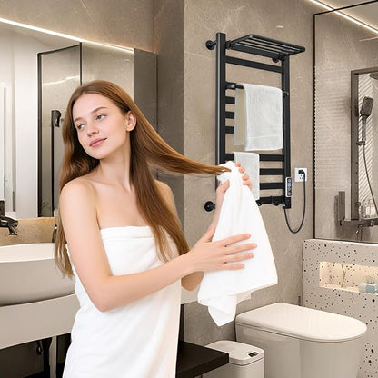 Heated Towel Rack for Bathroom Towel Warmer Racks Wall Mounted with Shelf,Timer & Temperature Multi-Level Adjustments with 10 Bars for Bathroom Shower Hot Tub(Black)