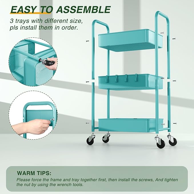 LEHOM 3 Tier Rolling Storage Cart, Metal Trolley Utility Cart with Wheels & Hooks, Easy Assembly Organizer Storage Cart for Bathroom Kitchen Office Bedroom