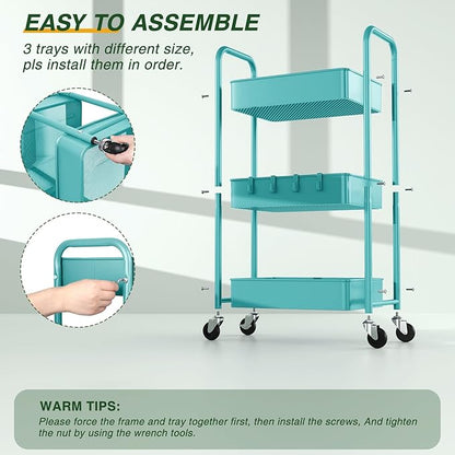 LEHOM 3 Tier Rolling Storage Cart, Metal Trolley Utility Cart with Wheels & Hooks, Easy Assembly Organizer Storage Cart for Bathroom Kitchen Office Bedroom