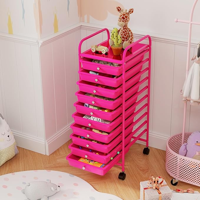 RELAX4LIFE 10 Drawer Rolling Cart - Slim Storage Cart w/Lockable Wheels for Classroom School Teacher Office, Art Supplies Paper Scrapbook Craft Organizers, Utility Cart with Drawers (Pink)