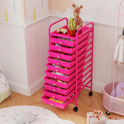 RELAX4LIFE 10 Drawer Rolling Cart - Slim Storage Cart w/Lockable Wheels for Classroom School Teacher Office, Art Supplies Paper Scrapbook Craft Organizers, Utility Cart with Drawers (Pink)