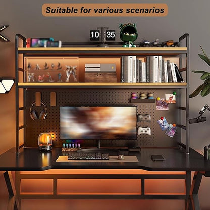 2-Tier Desktop Bookshelf Hutch - Metal Desk Shelf Bookcase with Desk Pegboard Countertop Storage Organizer Rack for Dorm or Office (B, 110cm/43in)