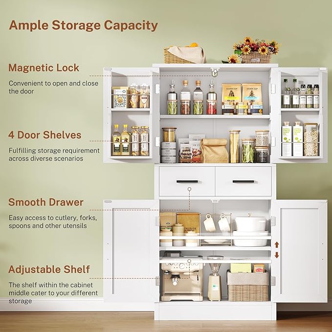 TEENFON 53" H Pantry Cabinet with 2 Drawers, Kitchen Storage Cabinet with 4 Door Shelves, Kitchen Pantry for Living Room, Dining Room, Bathroom, White