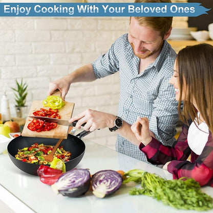 Carbon Steel Wok Pan with Lid & Wood Spatula, 12.5" Cast Iron Stir Fry Pan with Flat Bottom and Wooden Handle for Electric, Induction and Gas Stoves
