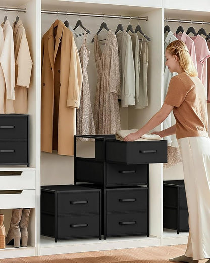 Homsorout Stackable Storage Drawers - 2 Tier Closet Organizer with Metal Handles, Fabric Dresser with Collapsible Bins for Bedroom, Dorm, Office, Black, 2 Pack