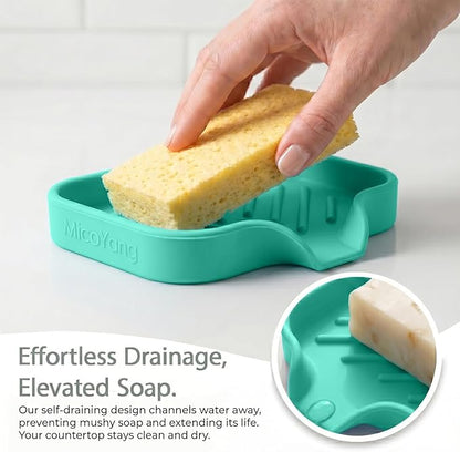 MicoYang Silicone Soap Dish with Drain Spout, Self-Draining Sink Organizer Tray for Bathroom and Kitchen, Sponges, Dispensers and Soap Holder, Non-Slip and Dishwasher Safe, Mint (Compact, 4.9"×3.2")
