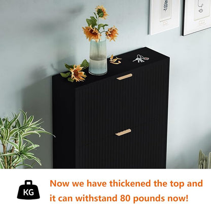 Shoe Cabinet Storage,Modern Freestanding Organizer with 3 Flip Drawers,Narrow Shoe Rack Cabinet for Entryway,Black