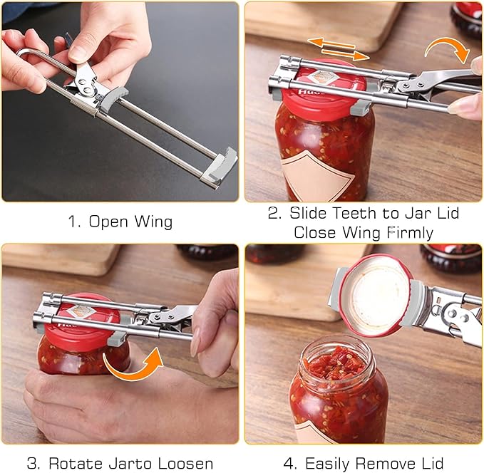Jar Opener Bottle Opener, Adjustable Jar Openers, Multifunctional Stainless Steel Jar Lid Opener Gripper Can Opener for Weak Hands, Seniors with Arthritis, Manual, Kitchen Accessories