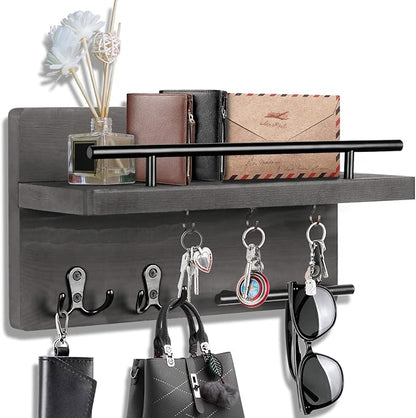OurWarm Wall Mounted Key Hanger with 5 Hooks, Decorative Wooden Mail Organizer with Shelf, Rustic Home Decor for Entryway, Mudroom, Office, Hallway