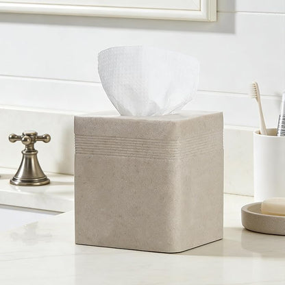 Beige Sandstone Tissue Box Cover Square for Home Decor,Resin Heavy Tissue Box Holder for Bathroom Countertop,Tabletop,Bedside Table,Office (Handmade of Resin)
