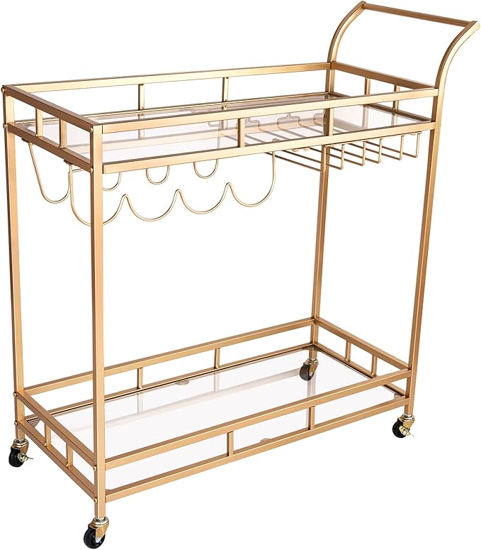KAKO Gold Bar Cart, Gold Bar Cart with Wheels, Home Bar & Serving Carts with 2 Mirrored Shelves, Bar Carts for The Home, Kitchen, Dining Room, Dining Party