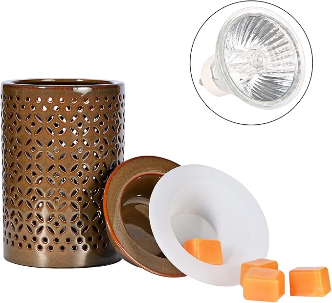 ASAWASA Ceramic Wax Melt Warmer with Timer and Silicone Dish,Candle Wax Warmer for Scented Wax & Essential Oils,Ideal Gift for Home Office Kitchen Long Dark Brown