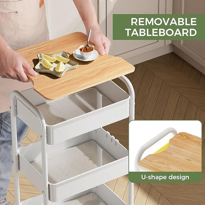 3 Tier Rolling Cart with Table top, Metal Rolling Utility Cart on Wheels, Sturdy Storage Organizer Cart with Hooks for Office, Classroom, Kitchen and Bathroom (White)