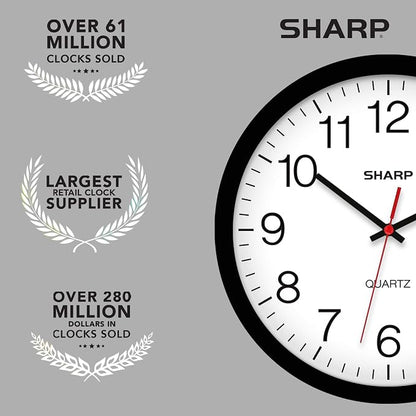 Sharp Wall Clock – Black, Silent Non Ticking 12 Inch Quality Quartz Battery Operated Round Easy to Read Home/Kitchen/Office/Classroom/School Clocks, Sweep Movement