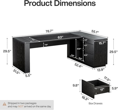 Tribesigns 78" L Shaped Executive Desk with Drawers, Large Office Computer Desk with Cabinet and Storage Shelves, Modern Business Furniture Sets Workstation for Home Office (Grey/Black)
