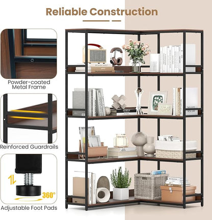 Giantex 5-Tier Corner Bookshelf, 71" L-Shaped Bookcase, Tall Etagere Bookshelf with Metal Frame, Industrial Open Display Shelf, Vertical Storage Rack for Living Room, Study, Office (Walnut)
