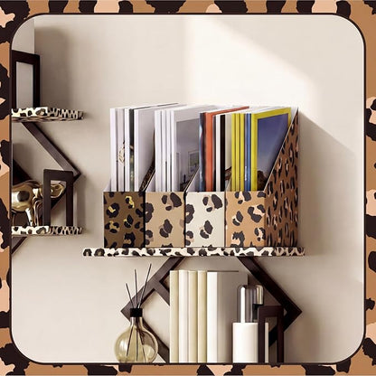AmazingSpark Set of 4 Leopard Print Magazine Holder Decorative Foldable Magazine Storage Boxes with Acrylic Label Holders Coquettish Boho Organizer for Office Home Organization Storage