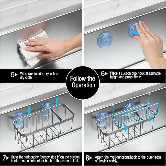 HOKEMOM Kitchen Sink Caddy Organizer with Sponge Holder & Multifunctional Hooks - Dual Suction Cups (18.5lb Hold), 2.0mm Stainless Steel Silver Rust-Proof, Non-Slip, 7.09" x 4.33" x 2.76"