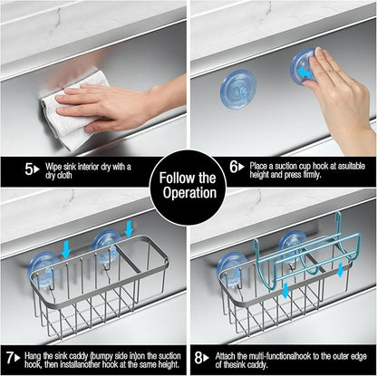 HOKEMOM Kitchen Sink Caddy Organizer with Sponge Holder & Multifunctional Hooks - Dual Suction Cups (18.5lb Hold), 2.0mm Stainless Steel Silver Rust-Proof, Non-Slip, 7.09" x 4.33" x 2.76"