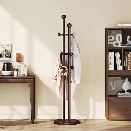 Uniclinens Wood Coat Rack Freestanding - Heavy Duty Freestanding Coat Rack, Wooden Coat Stand with 6 Hooks Creative Tree Branch-look for Entryway, Hallway, Bedroom (Dark Walnut)
