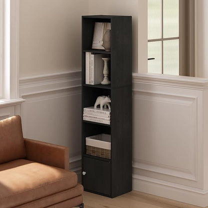 Furinno LUDER Book Shelf, 5-Tier Modern Bookshelf, Bookcase with 1 Door Storage Cabinet, 9.3 x 12 x 52, for Living Room, Bedroom, Home Office, Blackwood